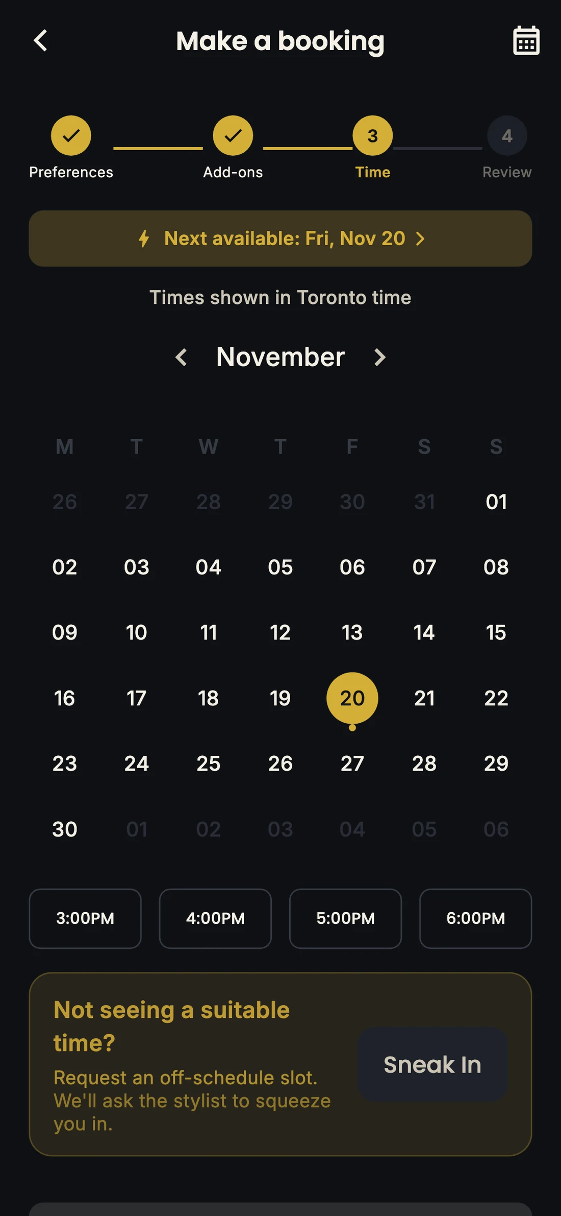 Glammr booking screen with a calendar and available appointment times